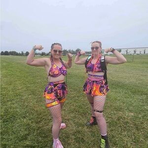 Vibrant Neon Purple & Orange Rave Set - Crop Top & Skirt and garter booty shorts